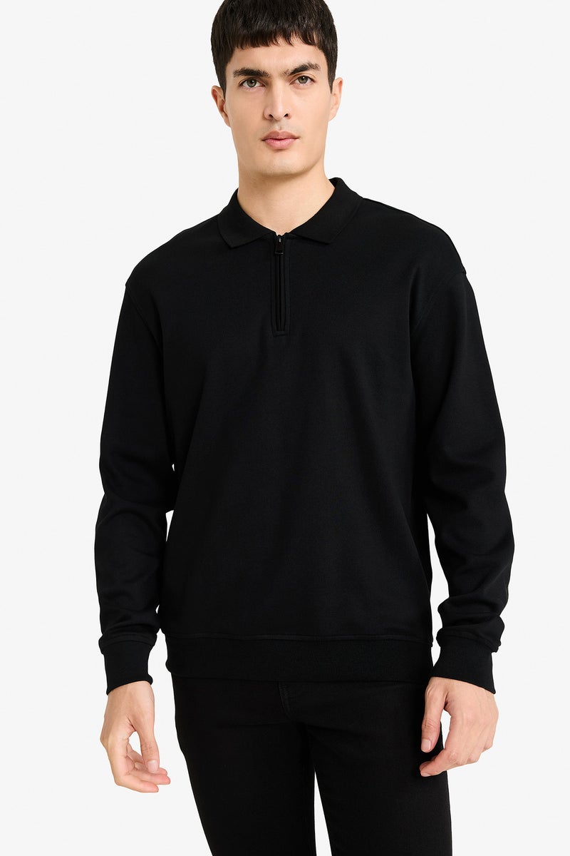 DeFacto Black Man Regular Fit Polo Neck Half Zippered Sweatshirt Casual - Image 1